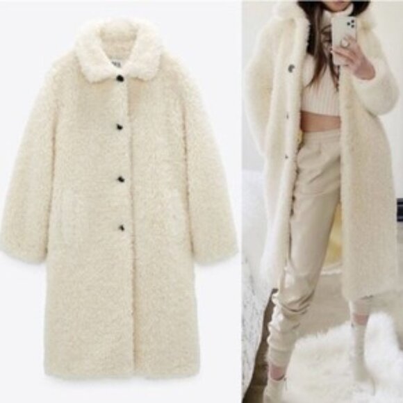 Zara Teddy Bear Faux Shearling Coat Oyster White Blogger Fav Size Small - Picture 4 of 14